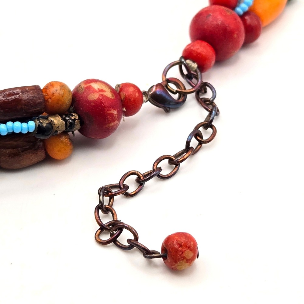 Multi-strand Handmade Wood and Recycled Glass Bead Necklace Seed Beads Boho - Picture 4 of 8
